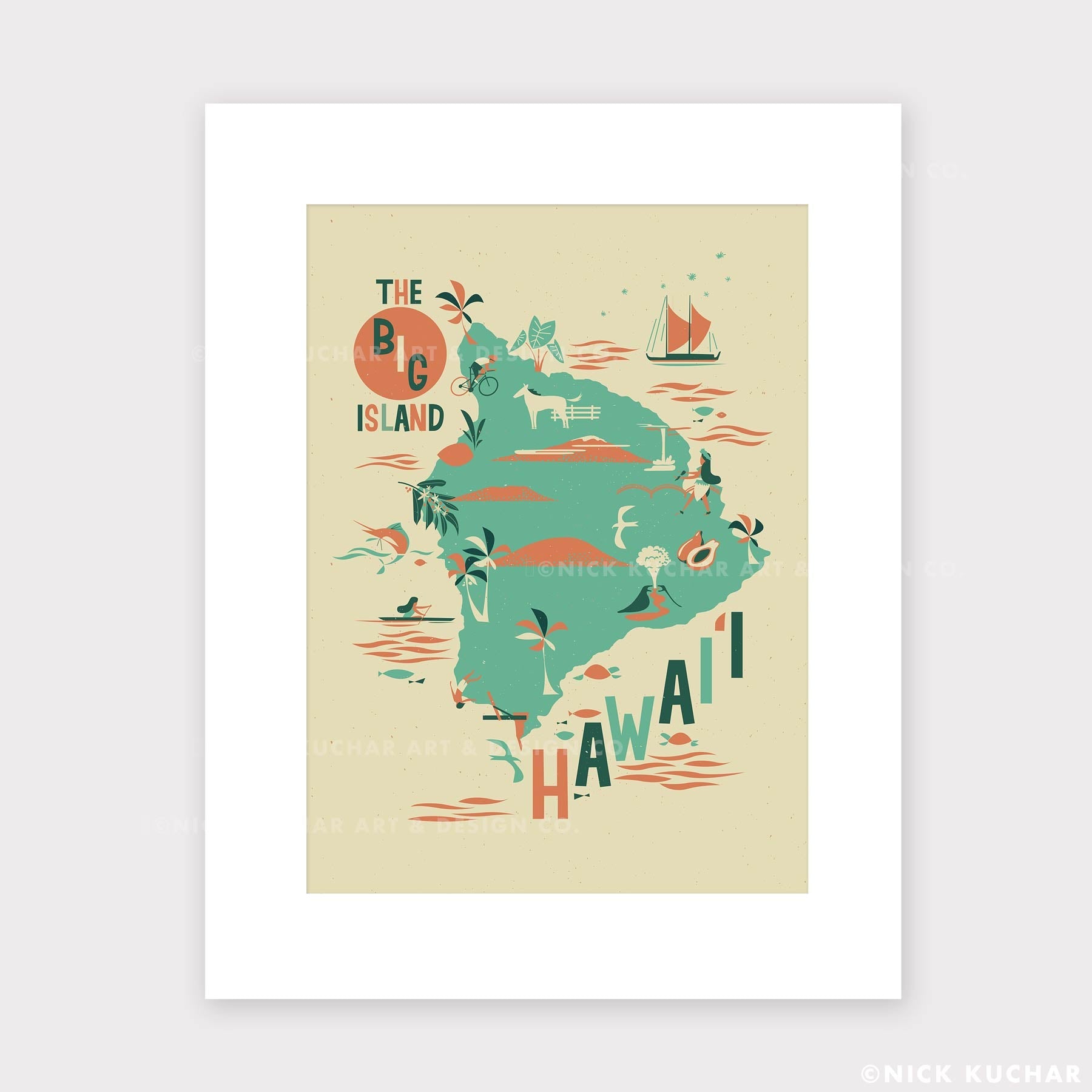 ビッグアイラインド Hawaii島マップ – 【20cm x 25cm】 マット付きプリント (27cm x 35cm) – JP
